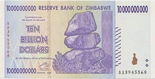 The Zimbabwe 10 Billion Dollars 2008, World inflation record, currency banknotes P85 by RBZ