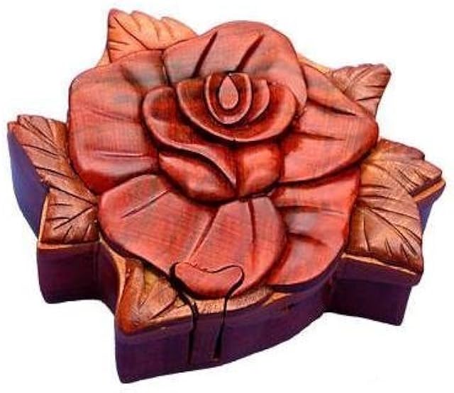 The Rose, Handcrafted Wooden Puzzle Box with Secret Compartment, All-Natural Intarsia Wood Art