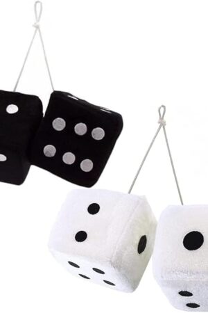 The Retro Hanging Dice for Car Mirror - Black and White Nostalgic 80's Fuzzy Plush Accessories (Set of 2)