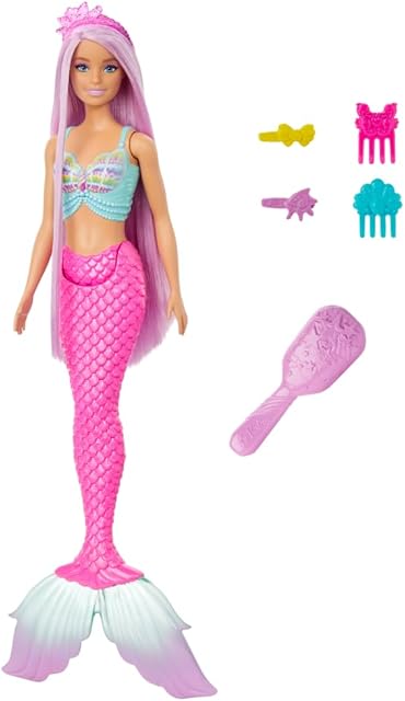 The Barbie Mermaid Doll with 7-Inch-Long Pink Fantasy Hair & Colorful Accessories for Styling Play Like Headband & Barrettes