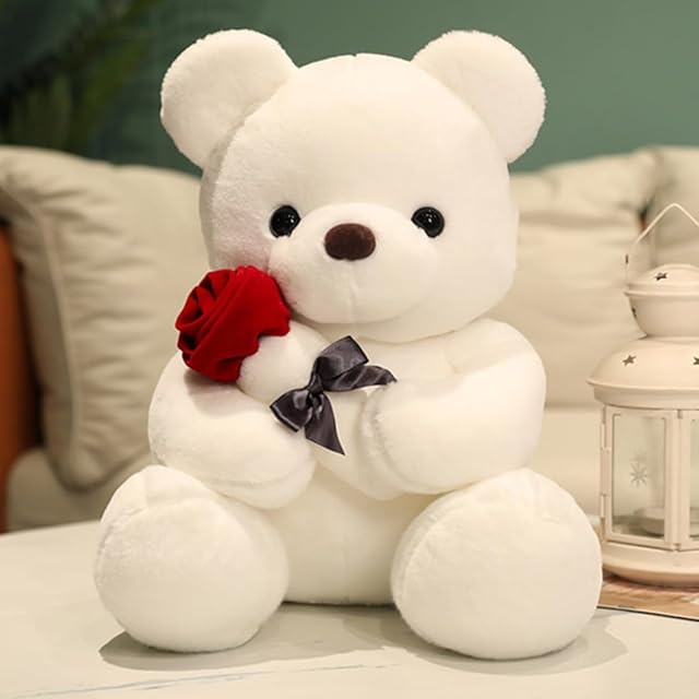 The Cute Plush Teddy Bear Stuffed Animal Teddy Bear with Rose Plush Doll Toy Gift for Girlfriend, Party Decoration(White,23cm/9in)