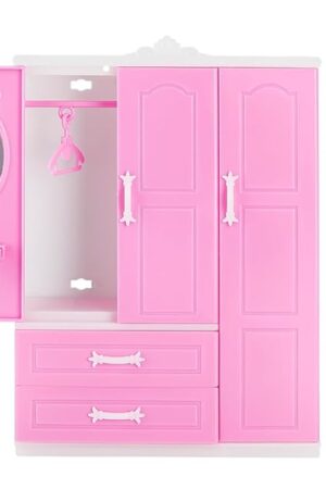 The PH PandaHall Doll Closet Furniture Wardrobe Clothing Organizer Open Wardrobe with 40PCS Doll Clothes Hangers 4 Styles Pink Miniature Hangers Dollhouse Furniture Clothing Organizer for Doll