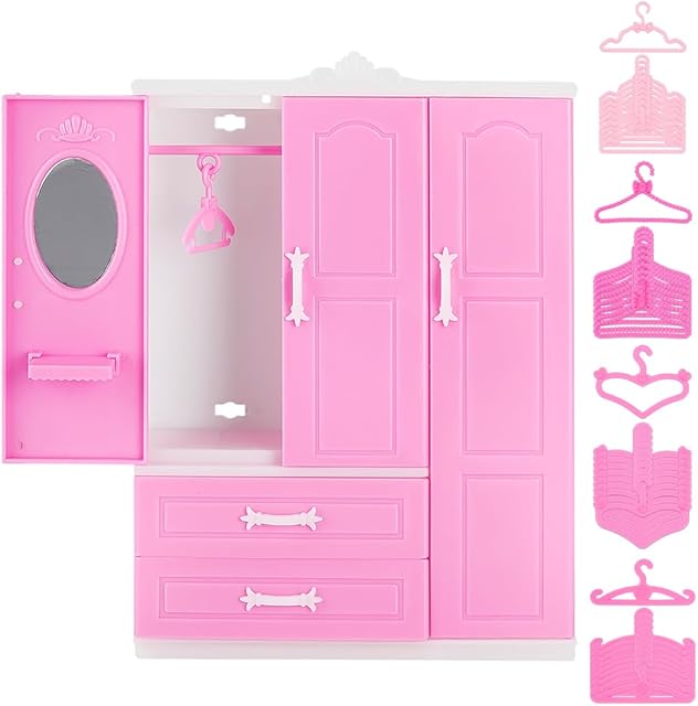 The PH PandaHall Doll Closet Furniture Wardrobe Clothing Organizer Open Wardrobe with 40PCS Doll Clothes Hangers 4 Styles Pink Miniature Hangers Dollhouse Furniture Clothing Organizer for Doll