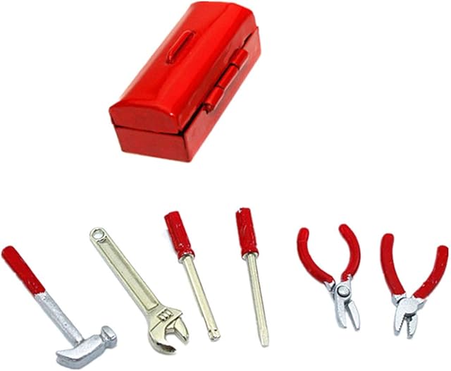 The Dollhouse Decoration Accessories, 1:12 Dollhouse Miniature Scene Model Work Tools Set with Toolbox 7 Pcs (Red Tools+Red Box, As Shown)