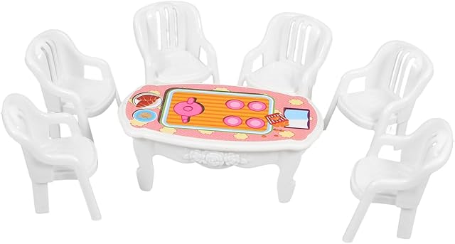 The Yardwe 16cm Miniature Plastic Table Chairs 7pc Doll House Accessory Set Boys and Girls' Miniature Furniture
