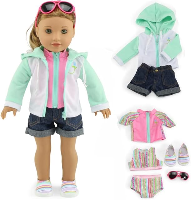 The Emily Rose 18 inch Doll Clothes 7 PC Surfer Swimming Bathing Suit Beach Swim Clothing & Accessories Set, Includes Sunglasses and Shoes! | Compatible with 18" American Girl Dolls | USA Business