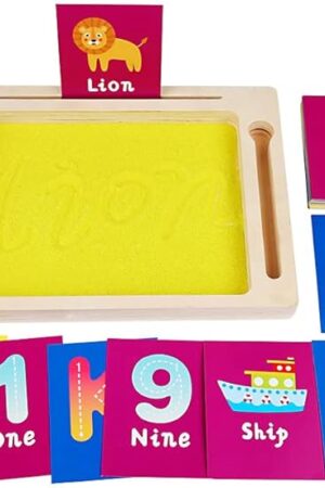The Pre-Writing Language Sand Tray for Kids – Wooden Tracing/Writing Sand Box with Cards and Pen for Drawing Letters and Numerals for Children 3-6 Years Old Gift, Montessori Material