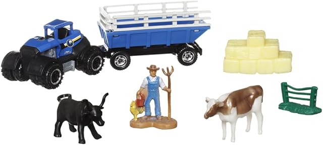 The Matchbox Collectors Die-Cast Hitch and Haul 70 Years Anniversary Playset - MBX Farm Trailer ~ Blue Dirtstroyer Tractor and Farm Trailer with Accessories and Figures ~ HLM25 6/9