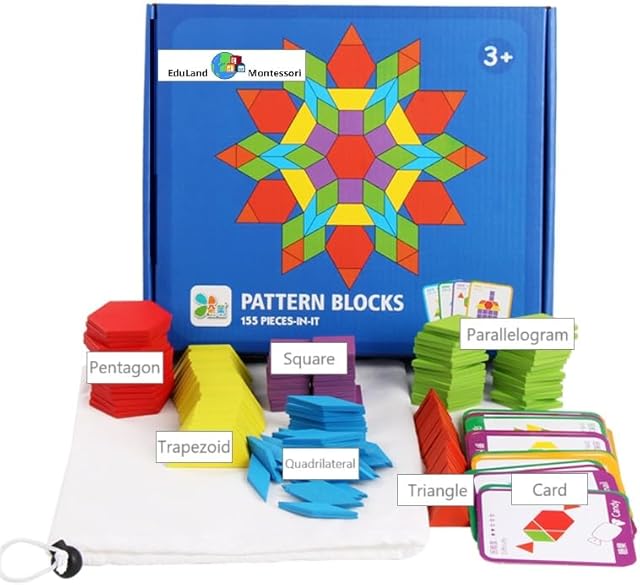 The Math/Sensorial - Shapes Construction Set 155 Pcs Wooden Pattern Blocks Geometric Shape Puzzle Classic Educational Montessori Tangram Shapes Toys for Kids Ages 3-8 with 24 Pcs Cards