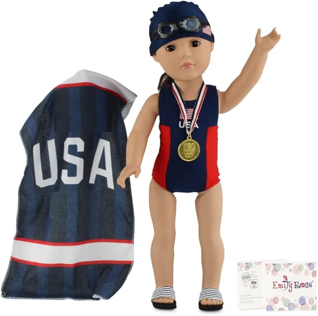 The Emily Rose 18-Inch Doll Clothes 6-Piece USA Competition Bathing Suit Swimsuit and Accessories, Including Medal & Goggles | Gift Boxed! | Compatible with 18" American Girl Dolls | Doll Not Included