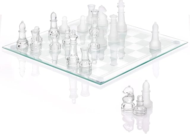 The Fine Glass Chess Set Game, Modern Clear Chess Set, Deluxe Chess Set Glass Chess Board Set with Solid Clear & Frosted Chess Glass Pieces | 9.7’’ Crystal Chess Boards Sets, Felt Padding Included