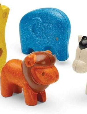 The PlanToys 4 Animal Wild Animal Playset (6128) | Sustainably Made from Rubberwood and Non-Toxic Paints and Dyes | Eco-Friendly PlanWood