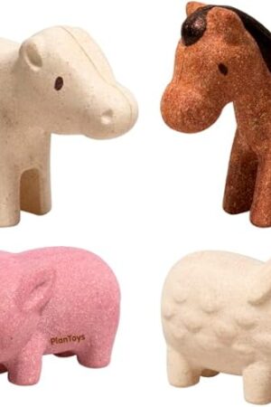 The PlanToys Farm Animal Figurines Set - Four Cute Sustainably-Made Wood Pig, Sheep, Cow, and Horse Figures to Stimulate Interactive and Creative Play
