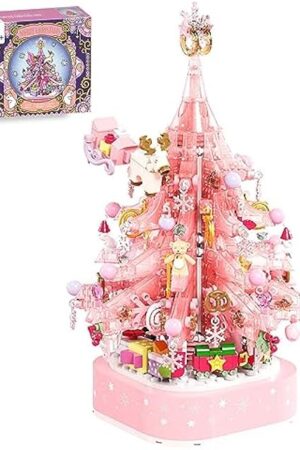 The Pink Crystal Christmas Tree Building Block Set, 675 PCS Christmas Music Box Bricks Model Kit, Construction Toy for Adults Girls