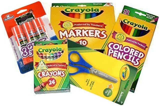 The Basic Crayola Back to School Bundle - 5 Items - Crayola Crayons, Crayola Markers, Crayola Colored Pencils, Elmer's Glue Sticks and Child Scissors
