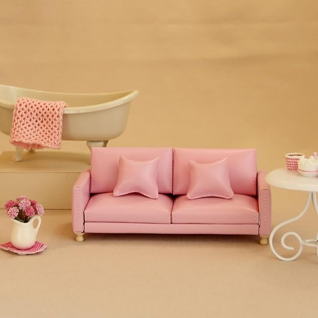 The Dollhouse Couch with Pillow 1:12 Scale Miniature Dollhouse Leather Sofa with 2 Pillows for Doll House Décor Gift for 3+ Birthdays & Christmas (Pink)