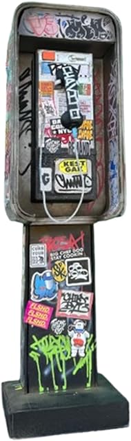 The Miniature American Payphone in 1:12 Scale,Retro Public Phone, Graffiti Style Telephone Booth Mini Model, Used for Toy Photography, Action Doll Display, and Scene Construction (7 inches)