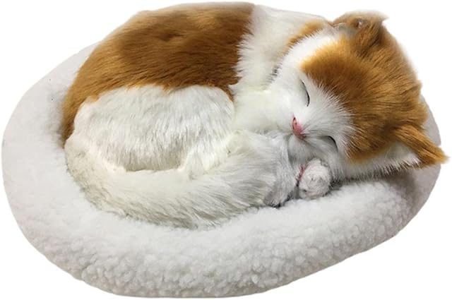 The Sleeping Toy Cat, Breathing Cuddly Cat Stuffed Animal Doll with Soft Mat Bed and Simulated Sound, Stuffed Plush Toys,Purring Cats Toys for Kids Home Ornament (A)
