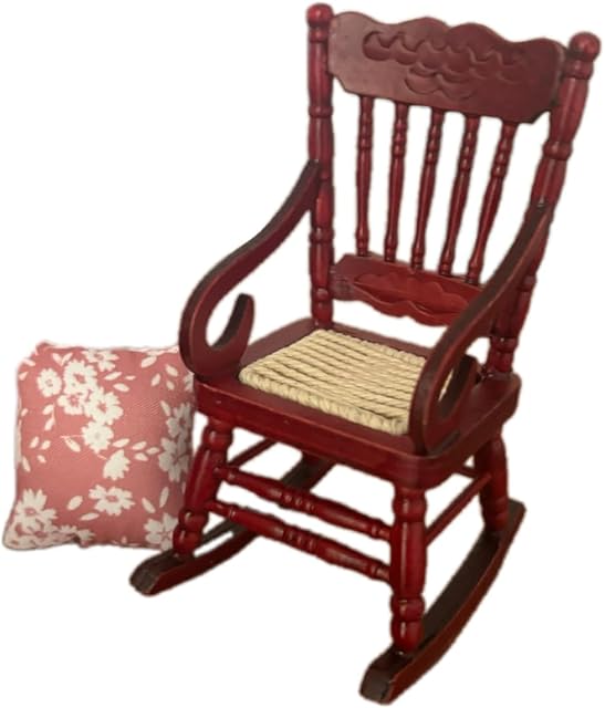 The 2pcs Dollhouse Accessories Mini Rocking Chair with Pillow Sets,1:12 Scale Miniature Object Including a Wooden Chair and a Pillow for Mini House Furniture(Red Wood Style)