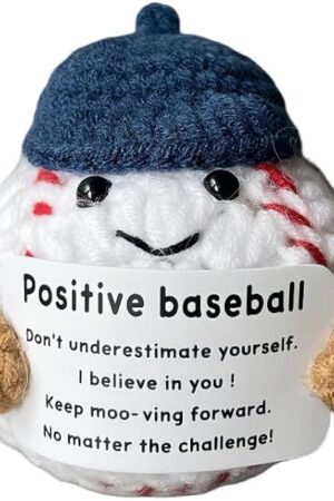 The Positive Baseball, Mini Funny Crochet Toy with hat,Creative Cute Knitted Positive Life Doll Potato with Encouragement Card Emotional Support Gift for Sports Lover Birthday Party Table Decoration