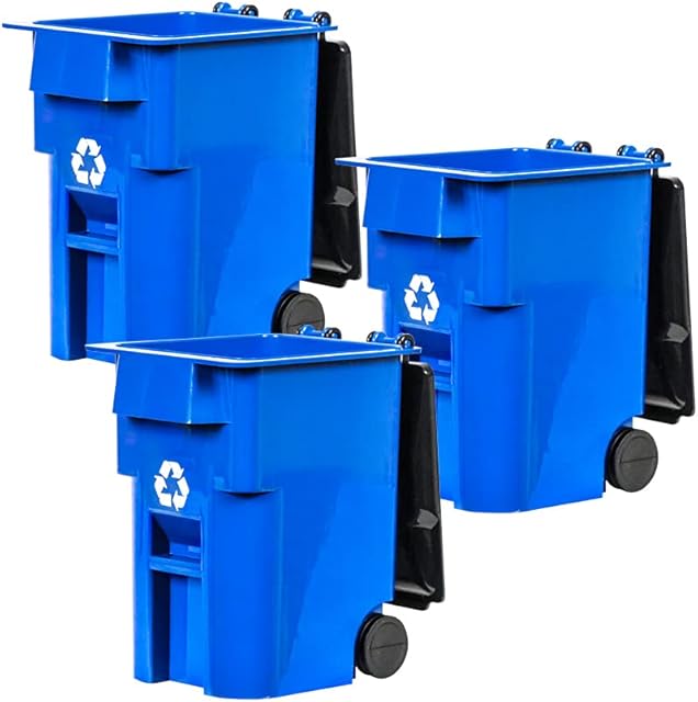 The Set of 3 Mini Blue Recycling Trash Cans with Lid & Wheels for Wrestling Action Figures