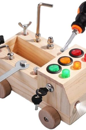The Practical Life/Culture-Science Twisting On/Off Screws Bolts Screw Driver Nuts Bolt LED Light DIY Busy Board Truck Bus Switch Tools STEM Toy for Children 3 4 5 6 7 8 Years Old Gift