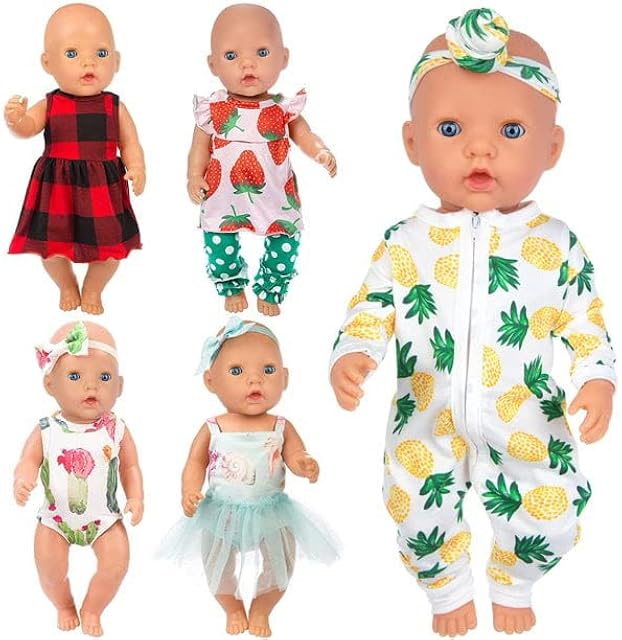 The Ecore Fun 5 Sets 14-16 Inch Baby Doll Clothes and Headbands Outfits Pjs for 43cm New Born Dolls, 15 Inch Baby Dolls