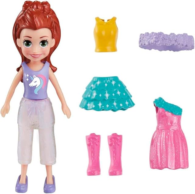 The Polly Pocket Lilac Shimmer & Shine Fashion Pack Playset Includes a doll, additional garments and accessories for girls ages 4 and up