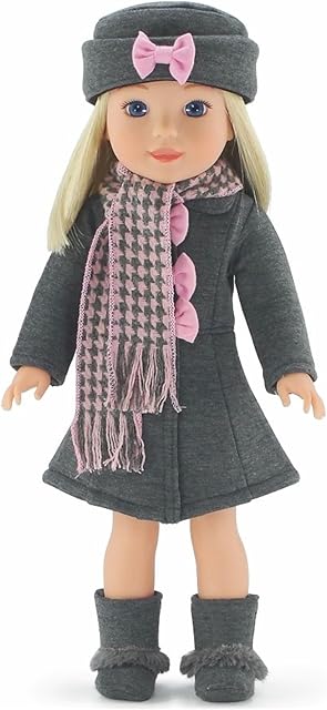 The Emily Rose 14 Inch Fashioin Doll Clothes - 5-PC Lovely Grey/Pink Coat Jacket Outfit Gift Set, Includes Boots | Doll NOT Included | USA Business