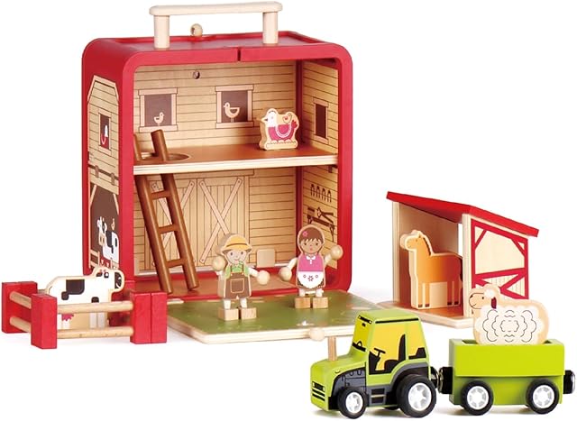 The Wooden Construction Set Toys, Animal Farm Playset with Car, Wooden Figurines Storage Toys for Boys and Girls for Age 3+ Children