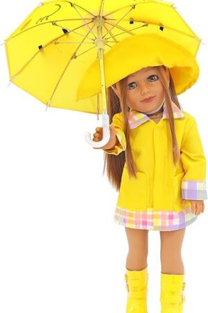 The Playtime by Eimmie 18 Inch Doll Clothes and Accessories - Yellow Raincoat Set with Hat, Boots & Cat Face Umbrella - Clothing Sets & Stuff - Fits American, Generation & Other 18" Dolls for Girls