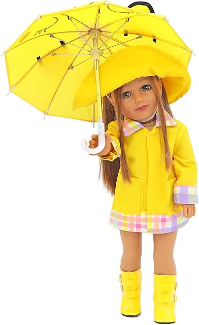 The Playtime by Eimmie 18 Inch Doll Clothes and Accessories - Yellow Raincoat Set with Hat, Boots & Cat Face Umbrella - Clothing Sets & Stuff - Fits American, Generation & Other 18" Dolls for Girls