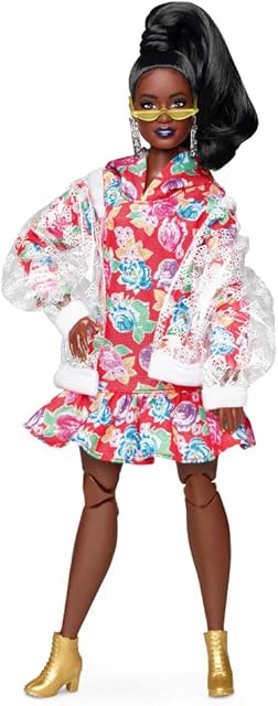 The Barbie BMR1959 Fully Poseable Curvy Fashion Doll, Brunette, in Clear Vinyl Bomber Jacket and Floral Hoodie Dress, with Accessories and Doll Stand