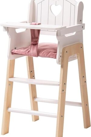 The ROBOTIME Wooden Baby Doll High Chair, Pink Wooden Baby Doll Chair for 18 Inch Dolls, Pretend Play High Chair Baby Doll Accessories, Small