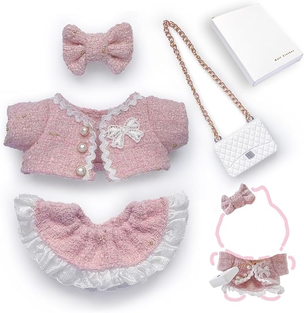 The Doll Clothes for 6.69 inches (17 cm) Trending Key Chain Dolls, 4-Piece Feminine Chic Style Doll Outfit & Accessories , Compatible with Labubu