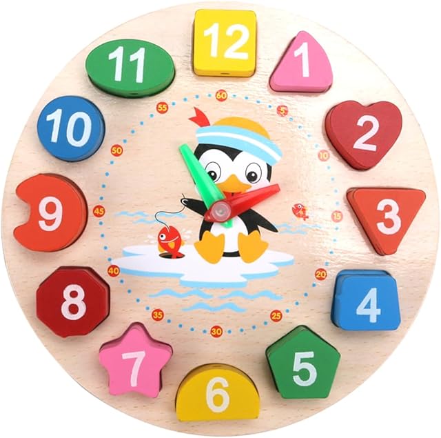 The Clock Toy Wooden Teaching Clock Props Penguin Pattern Toys Teaching Time Number Puzzle Stacking Montessori Educational Toys for Toddlers