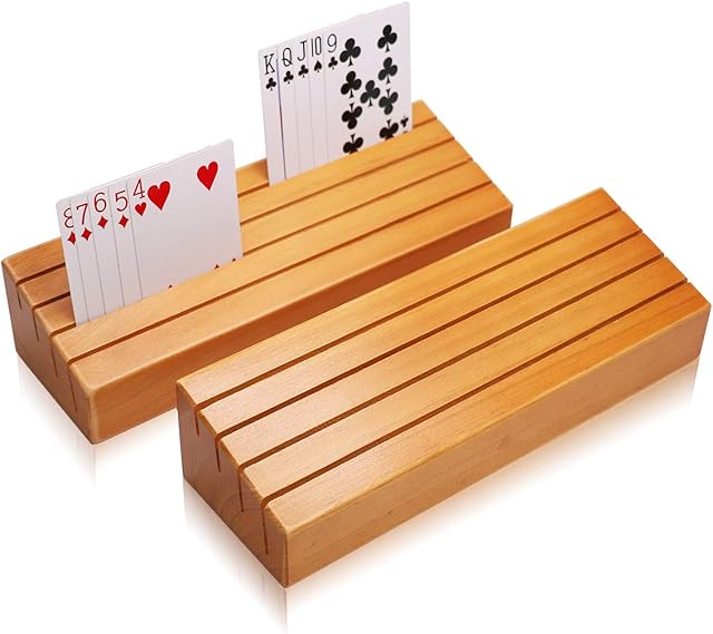 The Exqline Wood Playing Card Holders Tray Racks Organizer Set of 2 for Kids Seniors Adults - 9.84In 3.1Inch Latest Version Portable Enough for Bridge Canasta UNO Card Playing