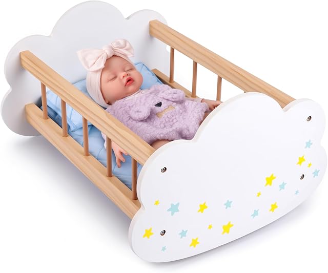 The BABESIDE Baby Doll Crib – Wooden Rocking Baby Doll Bed with Mattress, Pillow & DIY Star Stickers, Reborn Baby Doll Accessories for 12–16 Inch Dolls, for Girls Ages 3+