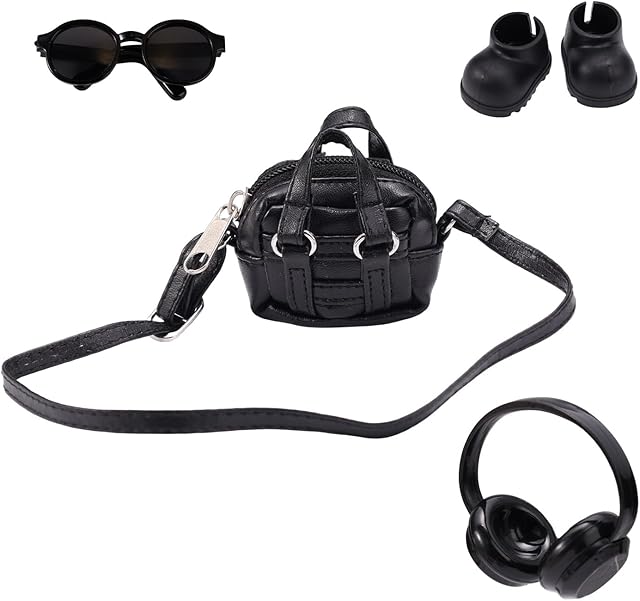 The Doll Clothes Accessories Set, Black PU Leather Shoulder Bag Sunglasses Shoes Earphone Cute & Stylish Toy Costume Accessories for Doll Decoration and Display