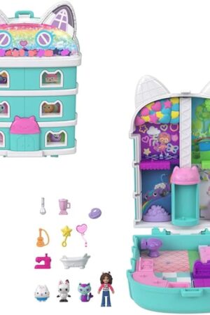 The Polly Pocket x Gabby’s Dollhouse Compact, Micro Dolls and Playset, 9 Themed Accessories, Pandy Paws, Cakey, & Mercat Pet Friends