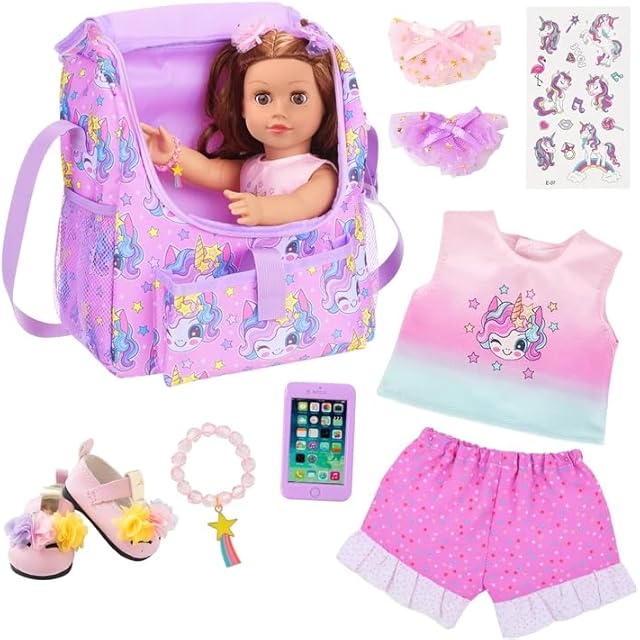 The UNICORN ELEMENT 18 Inch American Doll Unicorn Seated Backpack Set and Accessories Include Clothes,Carrier,Shoes,Cell Phone,Stickers Totol 9 pcs(Doll Not Included)