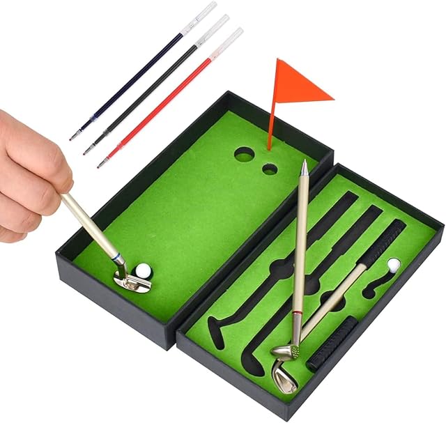 The Mini golf set pen, red, blue and black three kinds of ink, suitable for office, study when tired decompression, desktop mini golf course cool workbench accessories fun novelty birthday gift