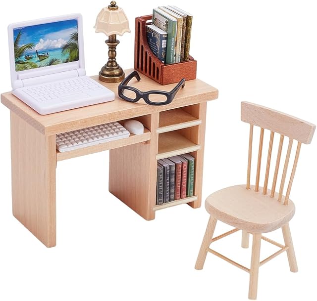 The FREEBLOSS 18Pcs Miniature Dollhouse Furniture Set Dollhouse Table Chair Set with Mini Books Laptop Bookcase and Lamp Doll House Furniture and Accessories Set