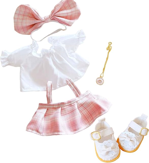 The CALEMBOU Plush Doll Clothes Set, Cute JK Uniform Set, Doll Dress Shirt Bow Necklace Shoes 5Pcs Outfits for 20cm/8 inch Soft Dolls Stuffed Animals (Pink Clothes set-20cm/8)