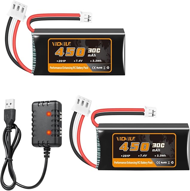 The 7.4V Lipo Battery 450mAh 2S 30C Rechargeable Lipo Battery with PH2.0 Plug SCX24 Small Lipo Battery Fit for Most 1/10, 1/16, 1/18, 1/24 Scale RC Cars Trucks with 1to2 USB Charger