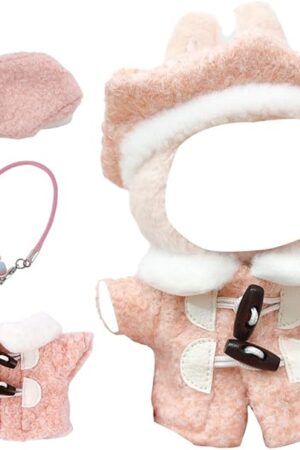 The Pink Clothes for 17cm Doll (No Doll) - Crochet Beret Hat & Coat Outfit, Handmade Dolls Clothes for 15-17cm Dolls, Stylish Dress-Up Accessories, Cute Warm Winter Fashion for Collectors