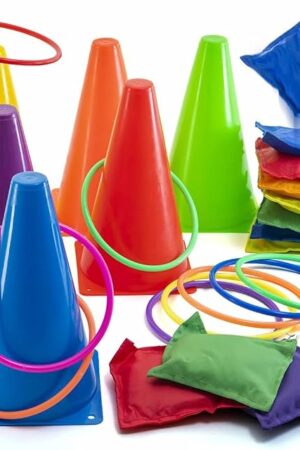 The Prextex Multicolored 3-in-1 Yard Game Set - Ring Toss Game, Bean Bags, Cones - Outdoor Toys for Toddlers & Kids, Children's Indoor Play, Family Fun Carnival Games, Kids Party Cornhole Set, Lawn Games