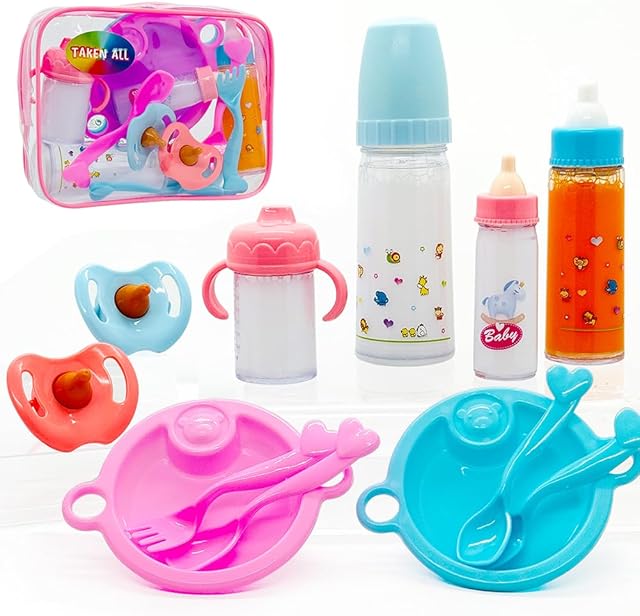 The Baby Doll Accessories Magic Bottle Set Magic Disappearing Milk Juice Bottles Sippy Cups with Pacifiers Bowl Spoons, Doll Bottle Toys Feeding Pretend Playset for Kids Girls Ages 3+ (Big Set(12pcs))