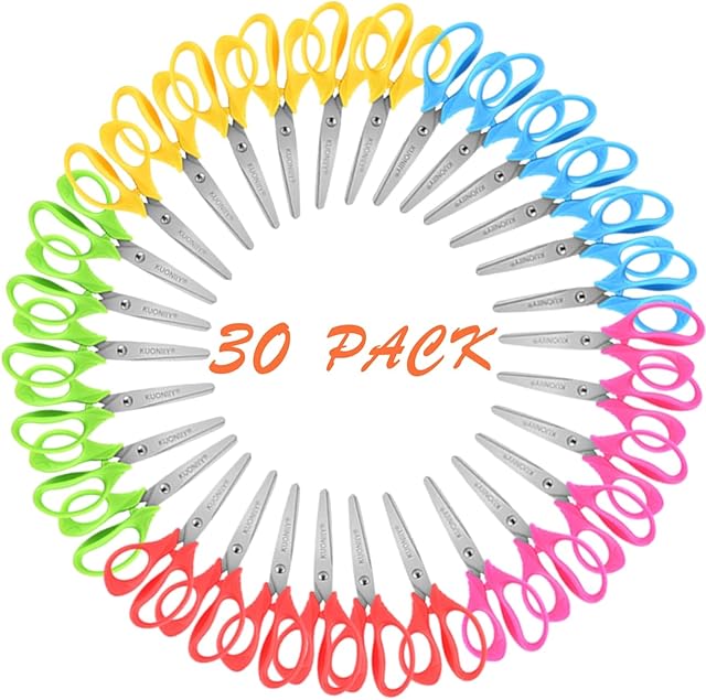 The KUONIIY 5" School Pack of Kids Scissors With Soft Comfort-Grip Handles,Assorted Colors,30 Packs