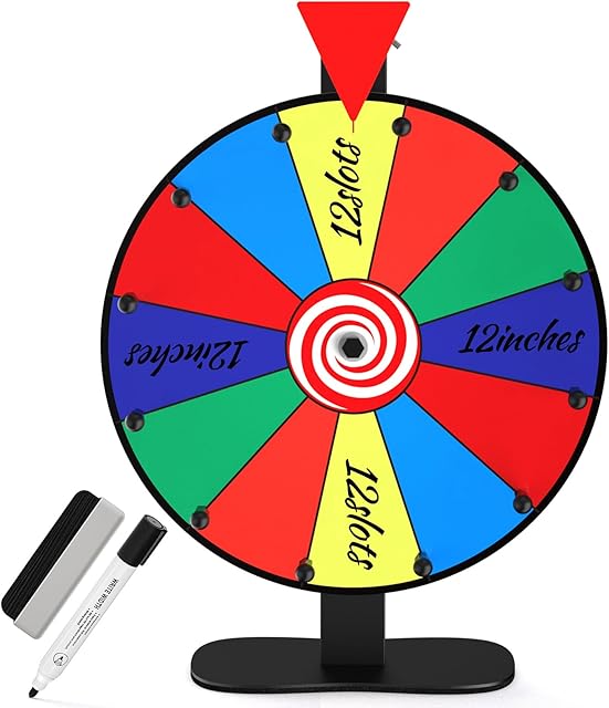 The 12-Inch Color Prize Wheel, 12 Slot Editable Spinning Wheel with Dry Erase Board & Marker for Parties, Carnivals, Tradeshow Booths, Classroom Games